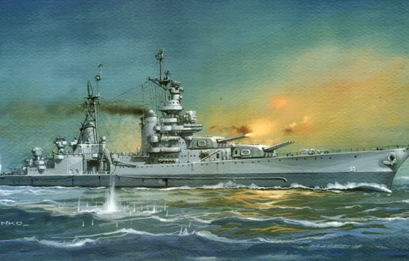 Picture sea, fire, smoke, figure, shots, WW2, breaks, heavy cruiser