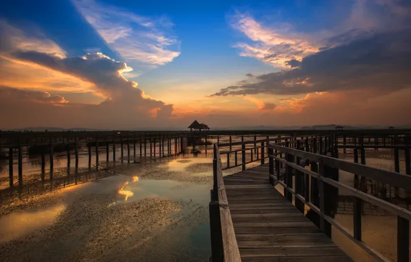 Picture sea, landscape, sunset, bridge