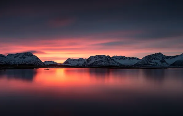 Sea, sunset, mountains, Norway