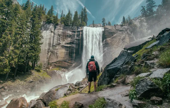 Forest, nature, rocks, waterfall, traveler, tourists, admiring the scenery