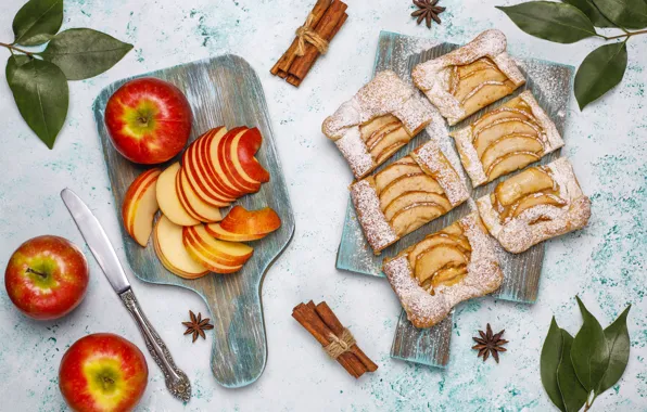 Apples, pie, dessert, powdered sugar, the dough, flaky