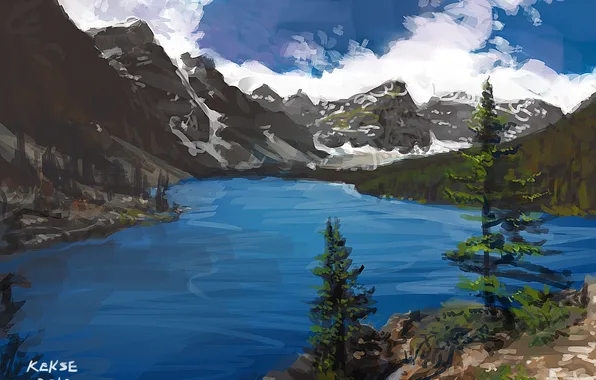 The sky, clouds, mountains, lake, art, art