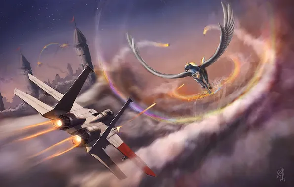 Picture the city, the plane, horse, wings, fighter, art, battle, Pegasus