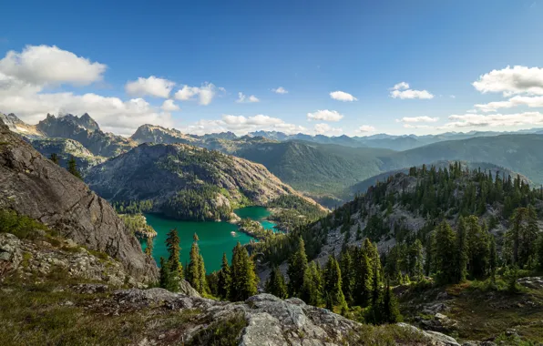 Forest, the sky, the sun, clouds, trees, mountains, stones, rocks