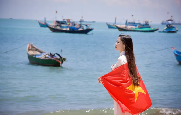 Picture sea, summer, girl, face, dress, flag, Vietnam