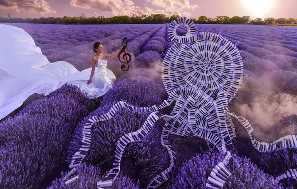 Summer, girl, nature, style, music, keys, white dress, lavender