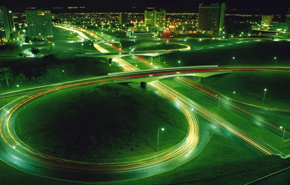 Picture road, night, bridge, lights, green, turn