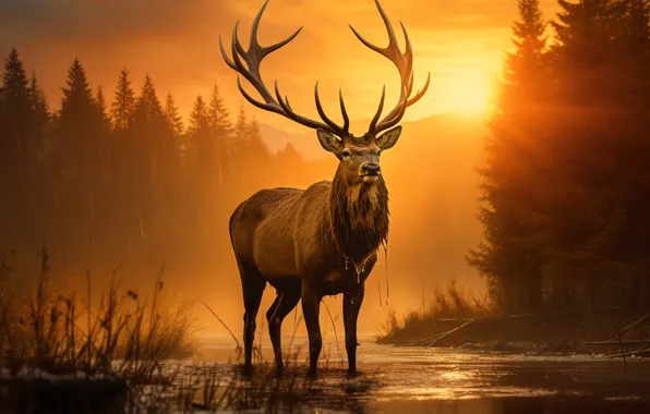 Picture forest, the sun, sunset, nature, dawn, deer, AI art, neural network