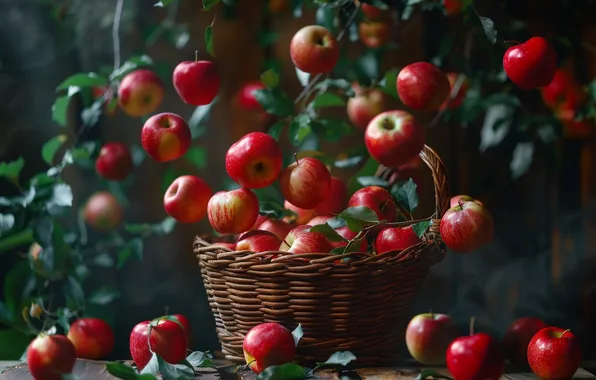 Autumn, leaves, flight, apples, garden, harvest, fruit, red