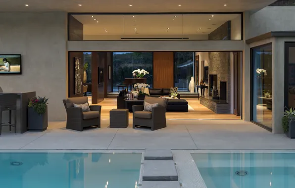 Sofa, pool, chairs, pool, table, interior, home, picture.