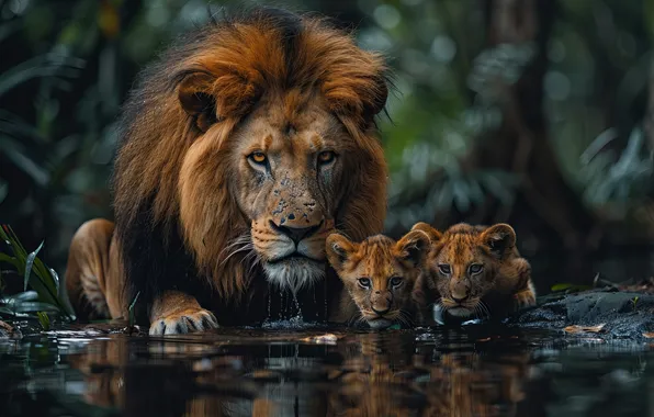 Water, Kittens, Leo, Front, Digital art, Predators, Lion cub, Big Cats