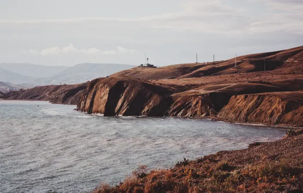 Sea, landscape, mountains, rocks, shore, lighthouse, surf, Crimea