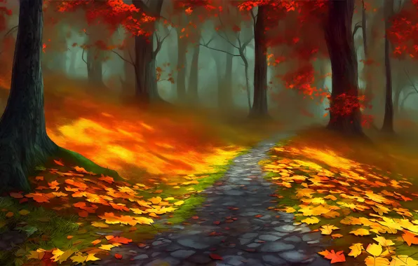 Autumn, forest, leaves, light, trees, fog, Park, branch