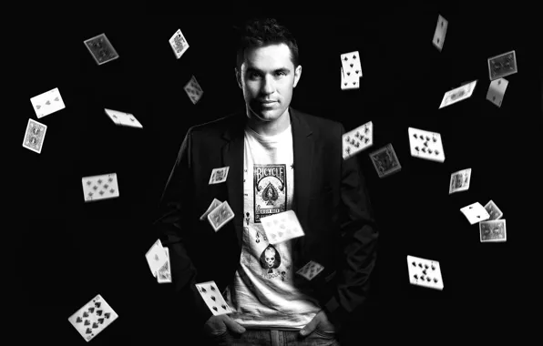 Card, guy, black background, black and white photo