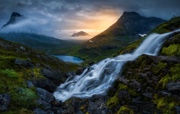 Mountains, fog, dawn, waterfall, morning, Norway, Norway, Romsdalen Valley