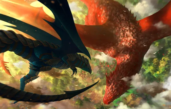 Picture clouds, flight, red, black, height, dragons, art, battle