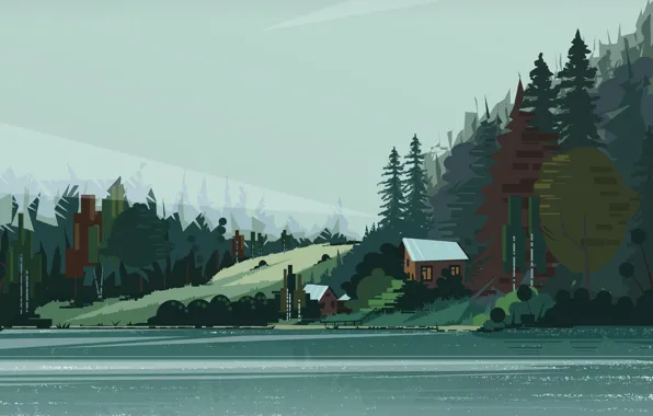 Picture forest, trees, lake, home, art, house, forest, trees
