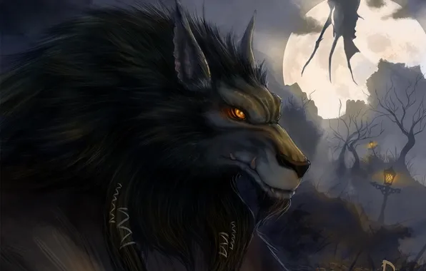 Picture night, fog, the moon, wolf, wings, monster, being, art