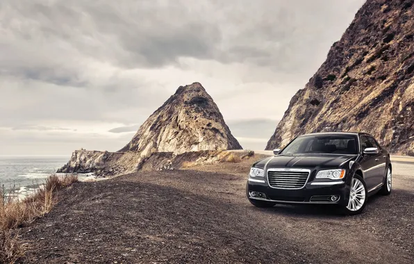 Sea, Auto, Mountains, Black, Chrysler, Chrysler, 300, Overcast