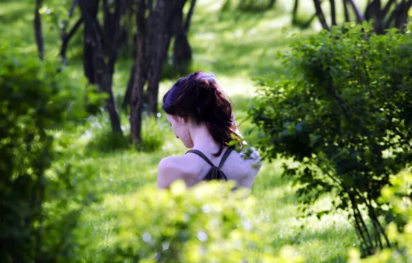 Picture GIRL, FOREST, NATURE, GREENS, BROWN hair, BACK, NECK