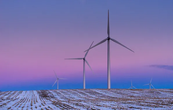 Field, the sky, snow, glow, windmill