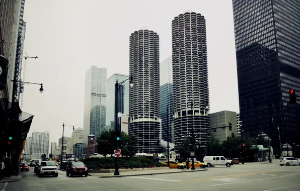 Picture machine, the city, street, skyscrapers, Chicago, Illinois, Parking