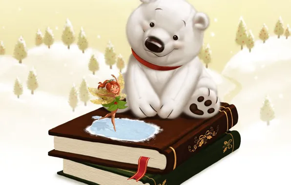 Picture winter, snow, childhood, tale, fairy, gifts, books. white bear