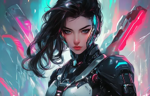 Machine, look, girl, fiction, portrait, cyborg, cyberpunk, AI art