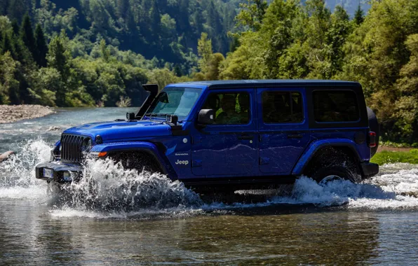 Picture blue, river, SUV, 4x4, Jeep, 2019, Wrangler Unlimited 1941 Sahara