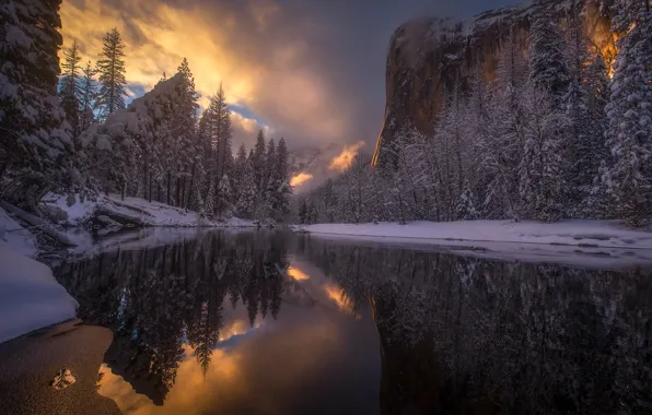 Winter, forest, the sky, water, clouds, snow, trees, mountains