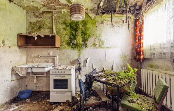 Wallpaper table, Windows, sink, dirt, chair, the ceiling, kitchen ...