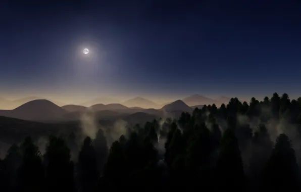Trees, mountains, fog, the moon, Forest, twilight