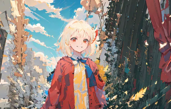 The sky, clouds, positive, anime, blonde, girl, anime, the animated series
