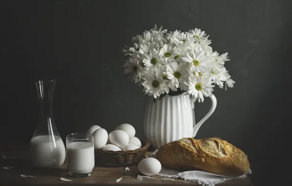 Flowers, glass, the dark background, chamomile, eggs, bouquet, milk, bread