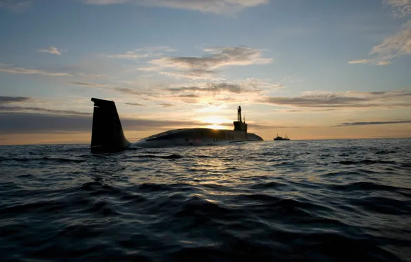 Picture sea, sunset, Russia, submarine, project 955