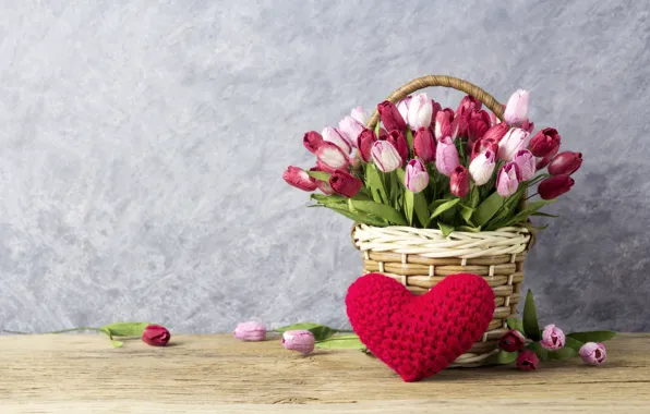 Picture love, flowers, heart, tulips, love, pink, basket, vintage