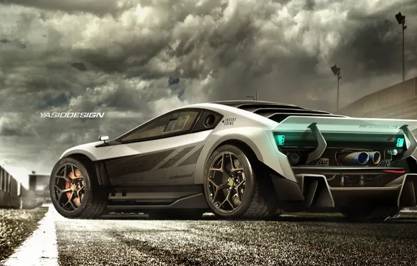 Auto, Road, Machine, Clouds, Grey, Art, Rendering, Sci Fi