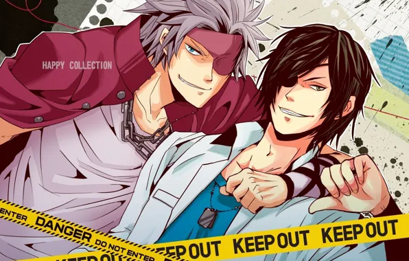 Chain, badge, gesture, grin, eye patch, two guys, Sengoku Basara, Hot Chosokabe