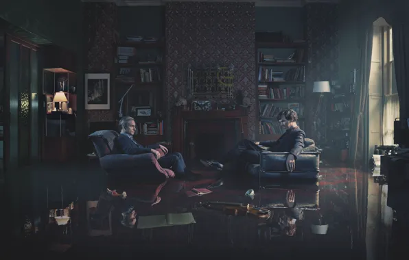 Picture reflection, room, violin, lamp, chair, Sherlock, martin freeman, benedict cumberbatch