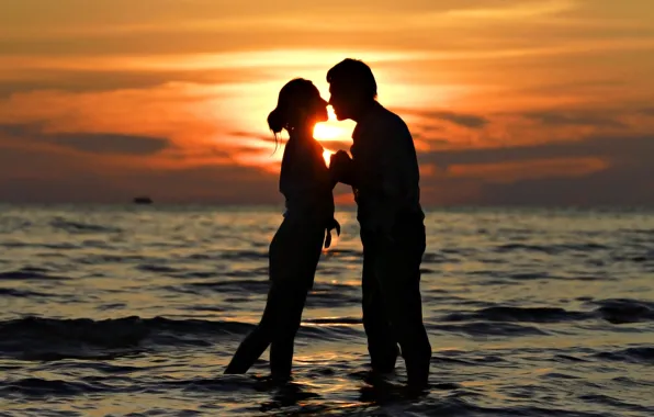 Sea, love, sunset, kiss, pair, love, sunset, people