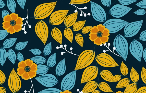 Picture leaves, flowers, blue, background, pattern