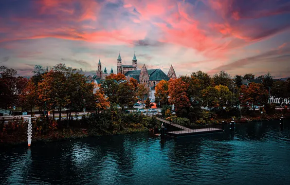 Road, autumn, the sky, clouds, trees, sunset, the city, castle