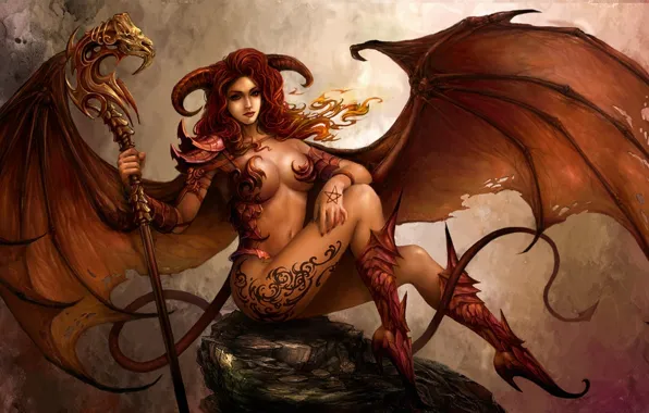 Girl, stone, wings, the demon, tattoo, art, tattoo, horns