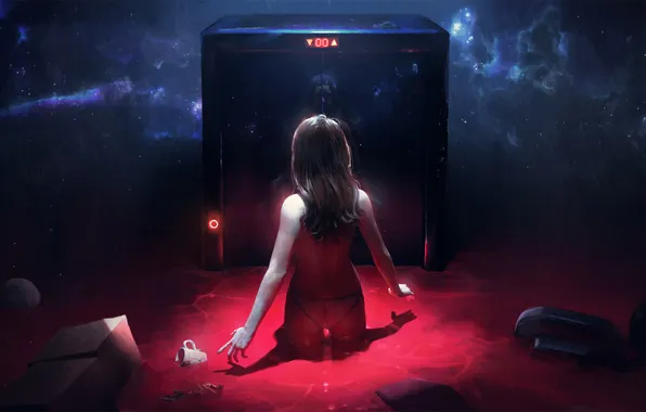 Ass, girl, space, fiction, the universe, blood, panties, door