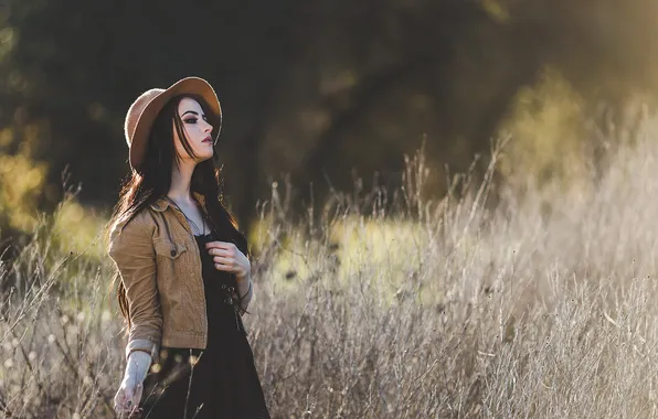 Field, girl, hat, makeup, jacket, dzhinsovka