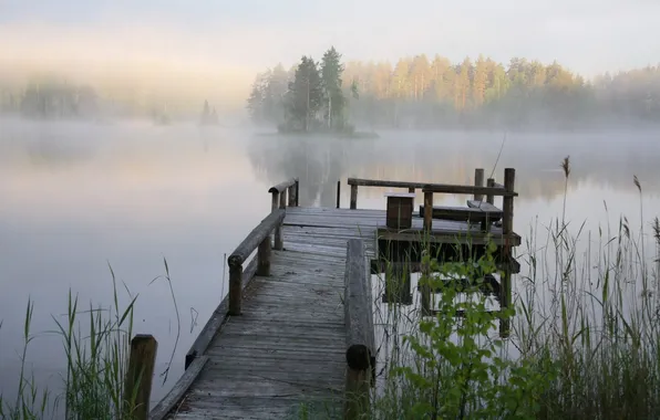 Bridge, fog, lake