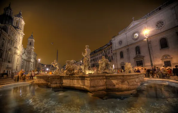 Night, lights, home, area, Rome, Italy, fountain, Piazza Navona