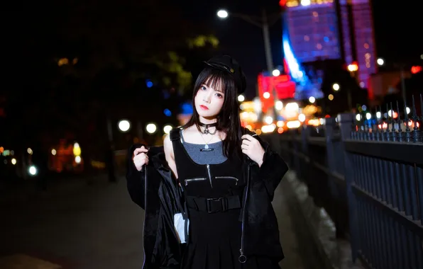 Beautiful, Asian, Model, Lights, Night, Woman, Building, Road