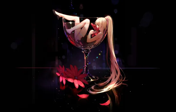 Picture night, reflection, glass, lights, blonde, lies, long hair, red flowers