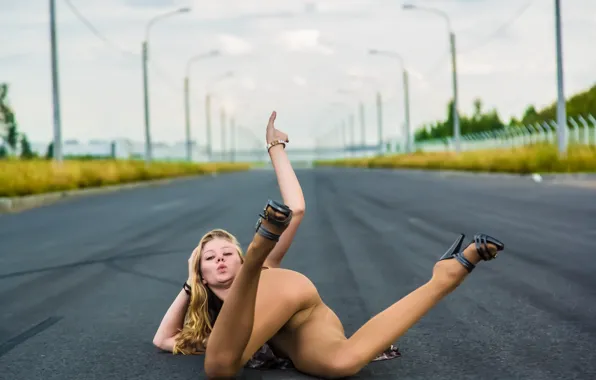 Road, girl, blonde, tights, gesture, Ella